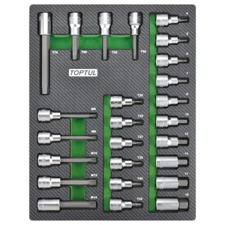 Набор торцевых насадок 1/2", Hex, Torx, Spline, 25 пр., в ложементе TOPTUL GEB2501