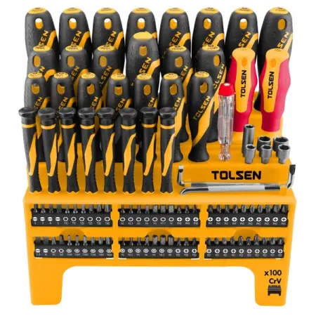 Набор отверток GRIPro, вставки (биты), головки, SL/PH/PZ/TORX/HEX/SQ, на подставке, 100 предметов, TOLSEN TT20185