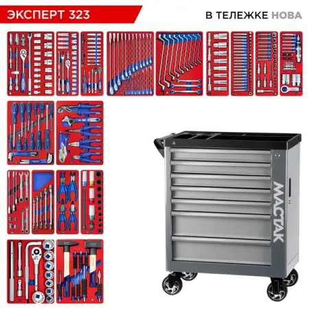 Набор инструментов "ЭКСПЕРТ 323" в серой тележке, 323 предмета, MACTAK 50-07323G
